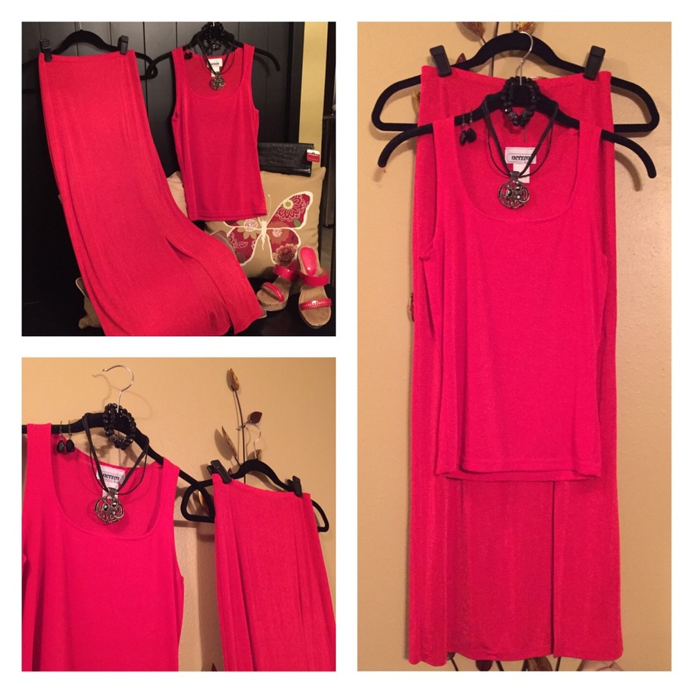 Nexxen Red Slit Skirt and Sleeveless Top Set-S